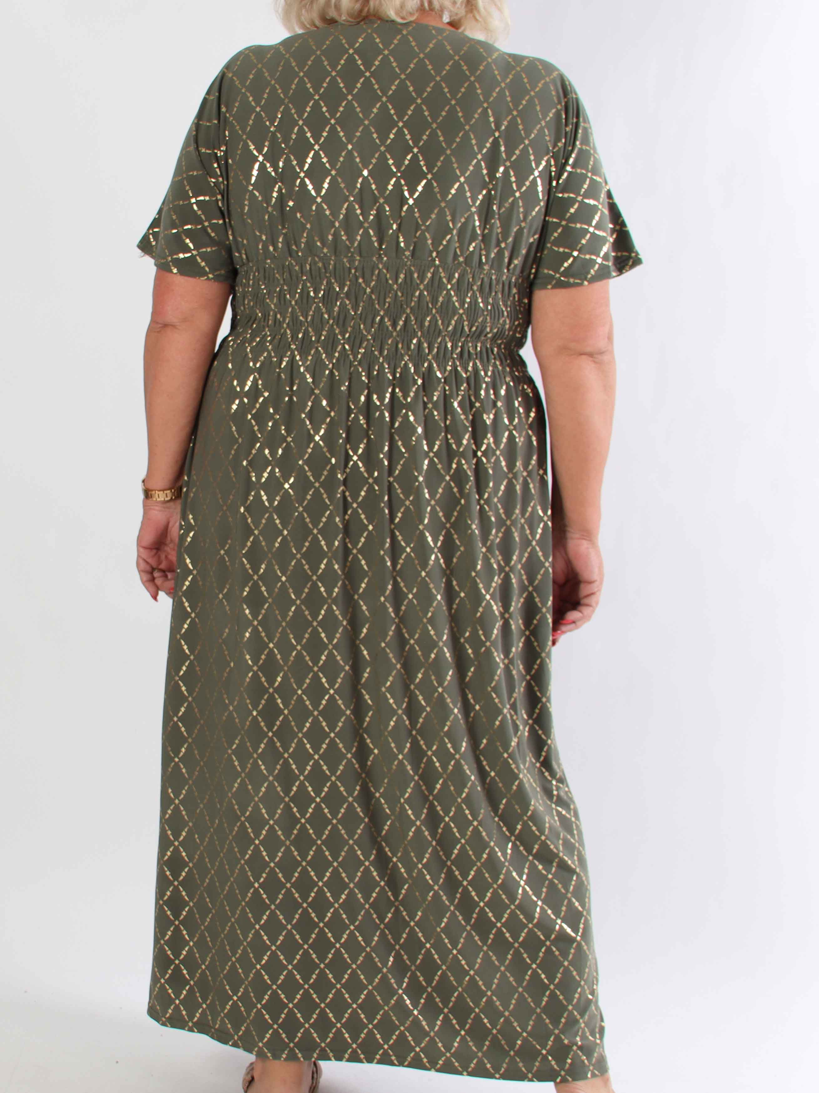 Pams Gold Check - Lång elastisk plus size klänning med gulddetaljer